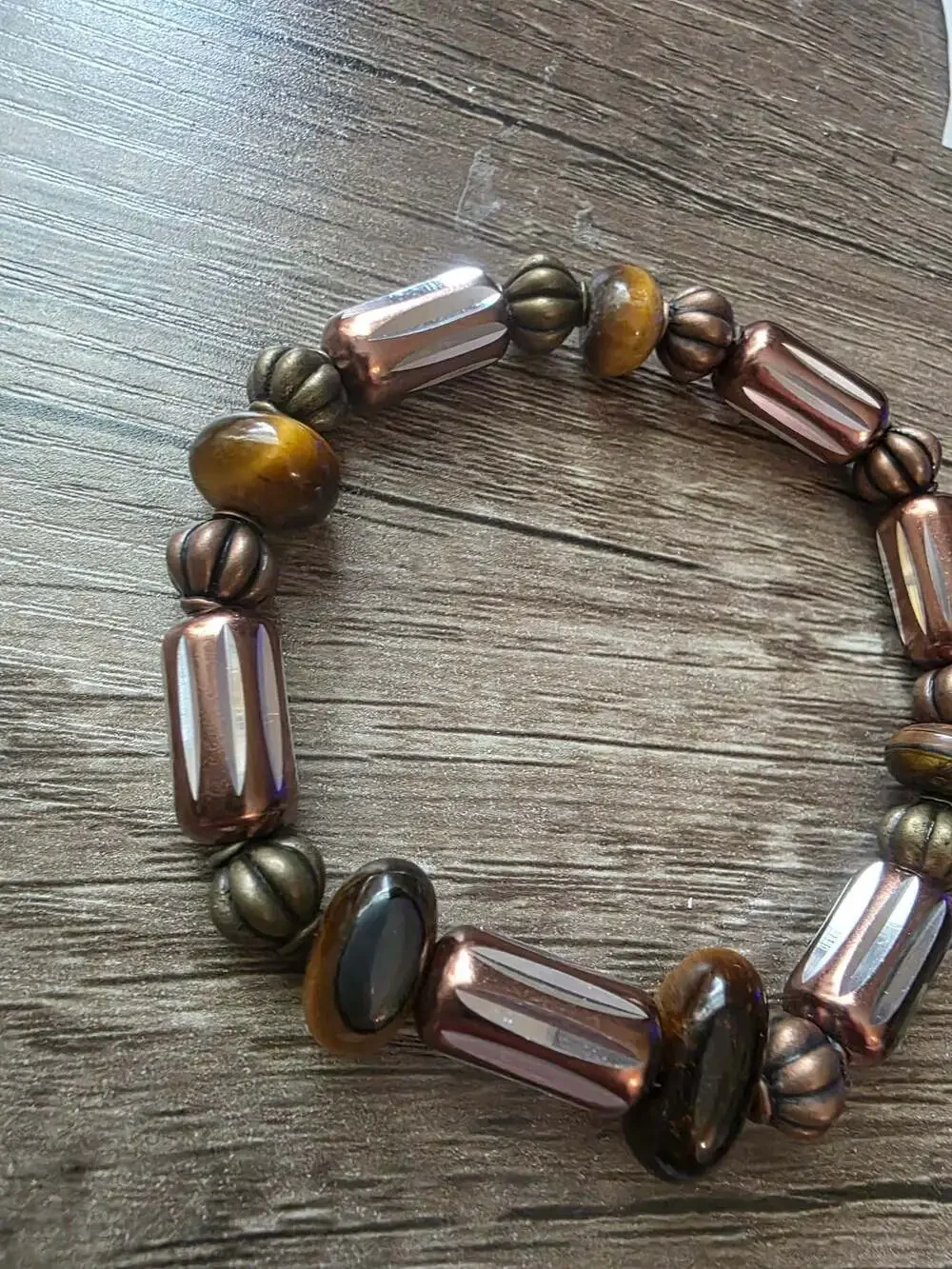 Artisan Handmade Beaded Stretch Bracelet with Tiger's Eye and Copper-Tone Accent